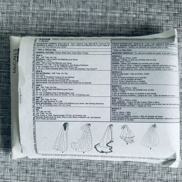McCall's 3508 Alicyn Misses Bridal Veils Sewing Pattern 5 Styles *SEE NOTES - Picture 3 of 3